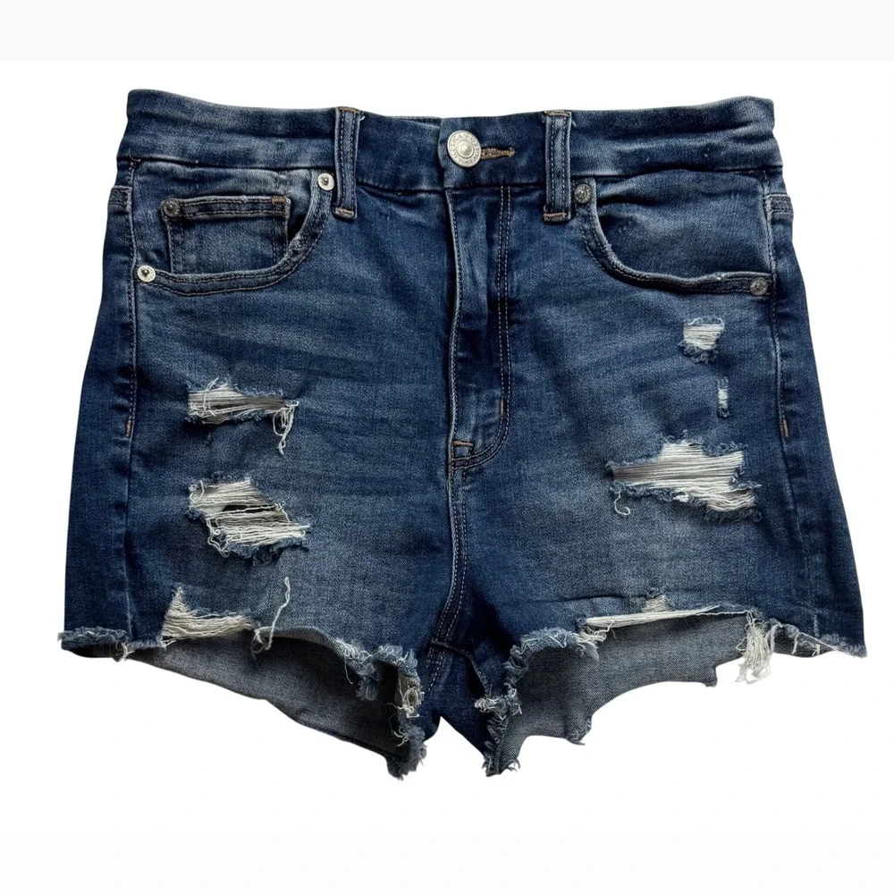 American Eagle Curvy Hi-Rise Shortie Distressed Denim‎ Shorts Blue Womens Size 4